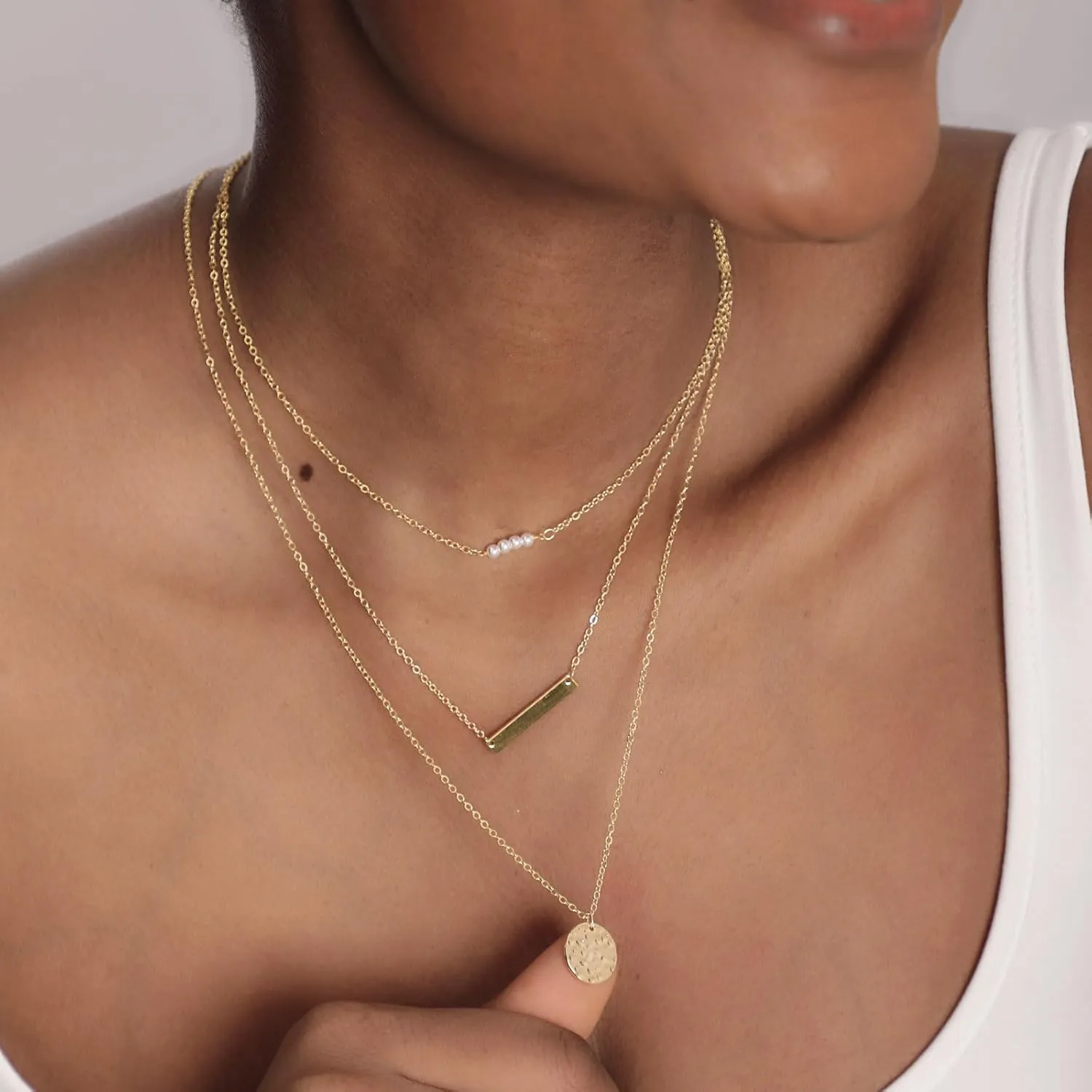 Dainty Layered Choker Necklaces Gold Silver Stacking Layering Pearl Cross Adjustable Multilayer Bar Disc Pendant Necklace for Women Dot Chain Jewelry