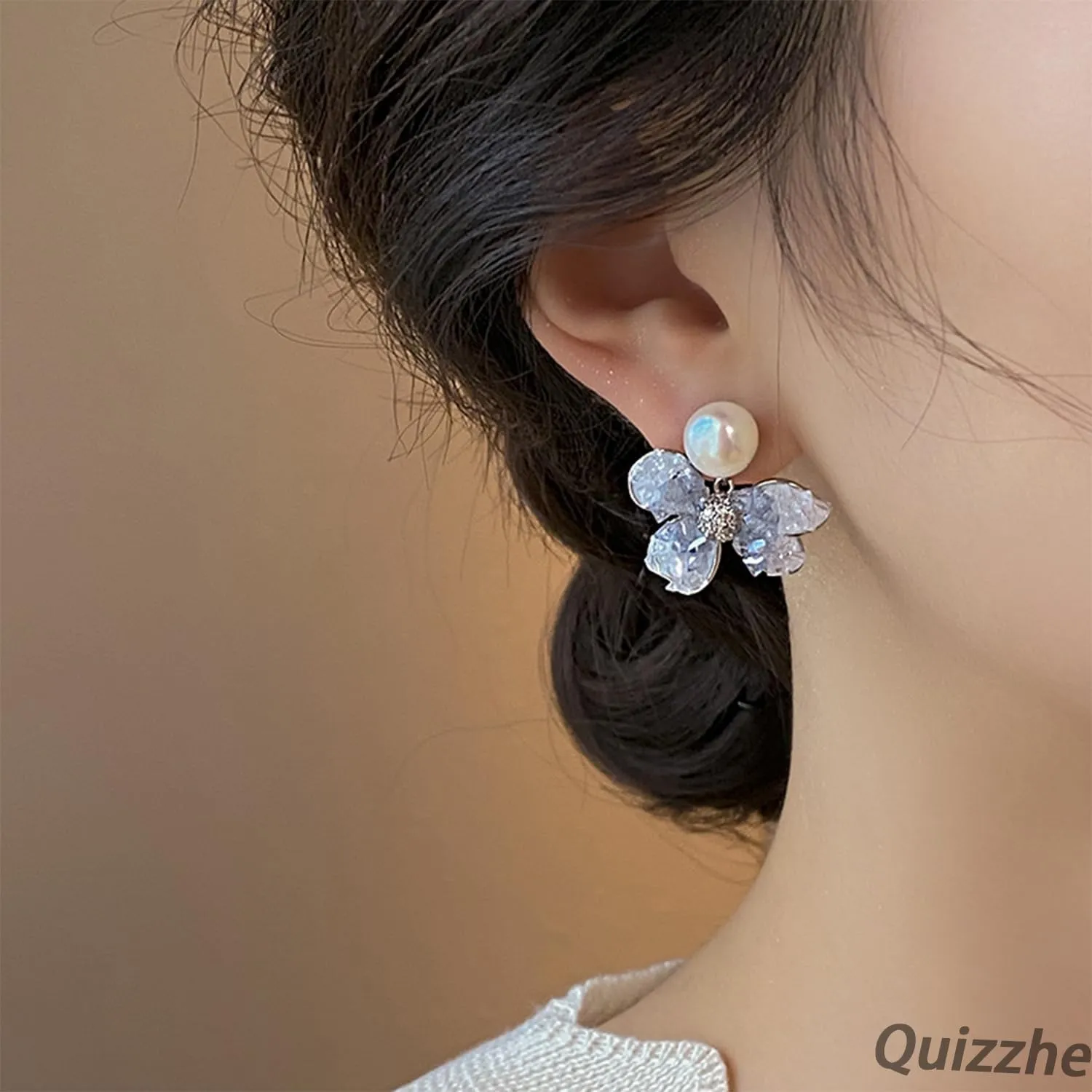 Dainty Pearl Bow Earrings Silver Pearl Ribbon Dangle Drop Earrings Cute Blue Bow Earrings Pearl Stud Earrings Trendy Rhinestone Bow Stud Earrings Jewelry for Women