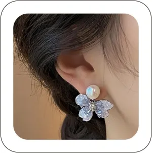 Dainty Pearl Bow Earrings Silver Pearl Ribbon Dangle Drop Earrings Cute Blue Bow Earrings Pearl Stud Earrings Trendy Rhinestone Bow Stud Earrings Jewelry for Women