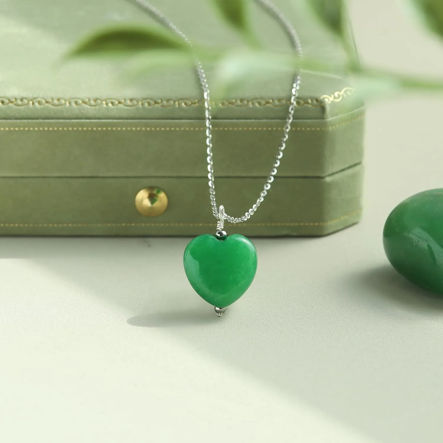 DAUMIER Green Jade Pendant Heart Necklace for Women Girls Lucky Jewelry Silver