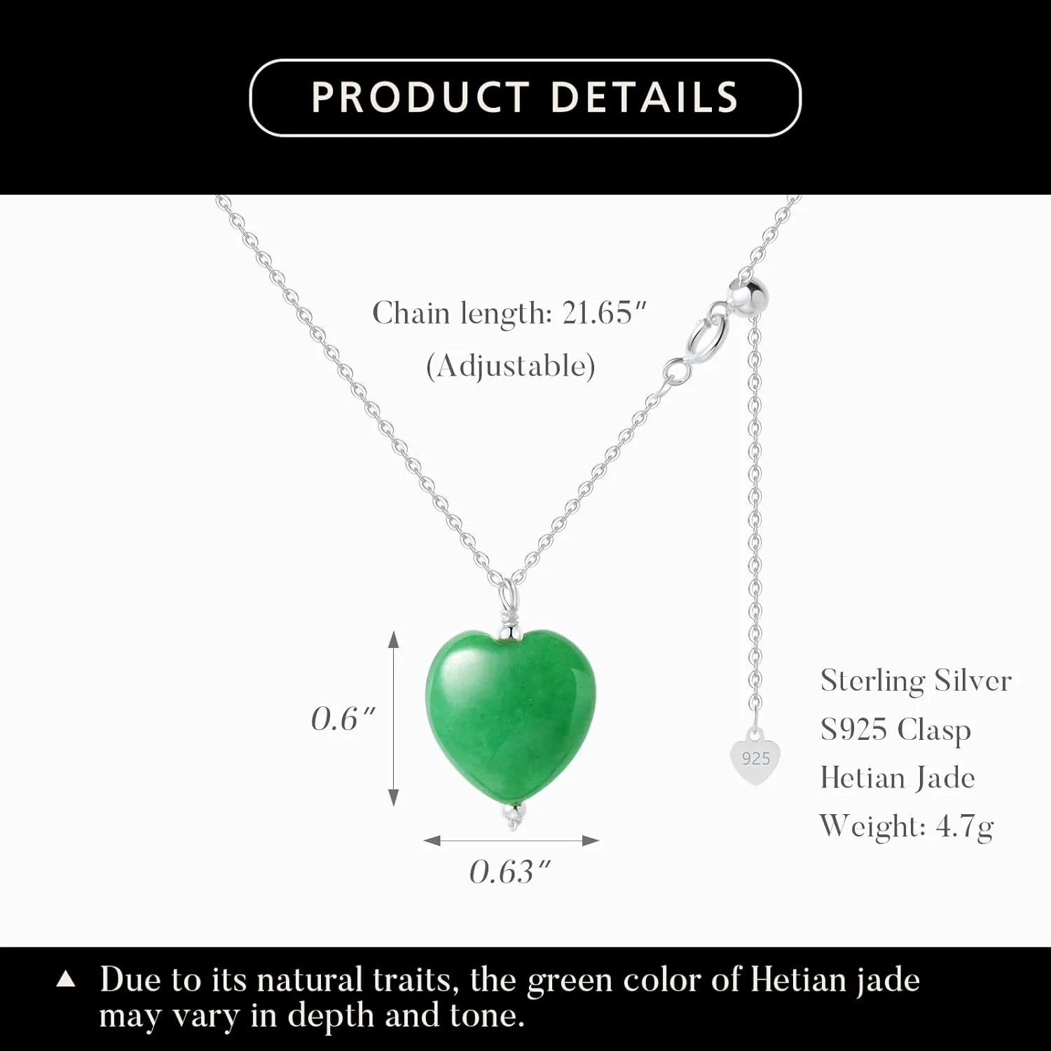 DAUMIER Green Jade Pendant Heart Necklace for Women Girls Lucky Jewelry Silver