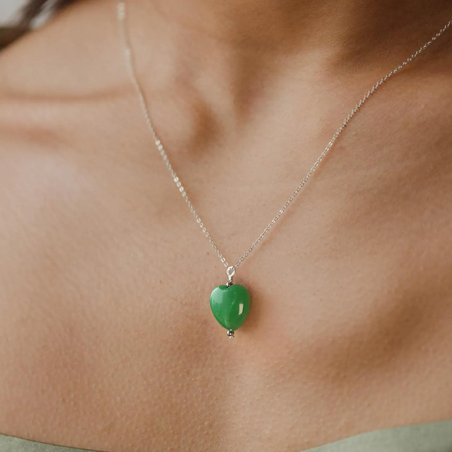 DAUMIER Green Jade Pendant Heart Necklace for Women Girls Lucky Jewelry Silver