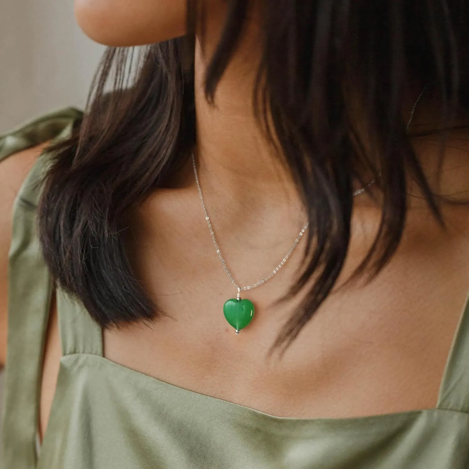 DAUMIER Green Jade Pendant Heart Necklace for Women Girls Lucky Jewelry Silver