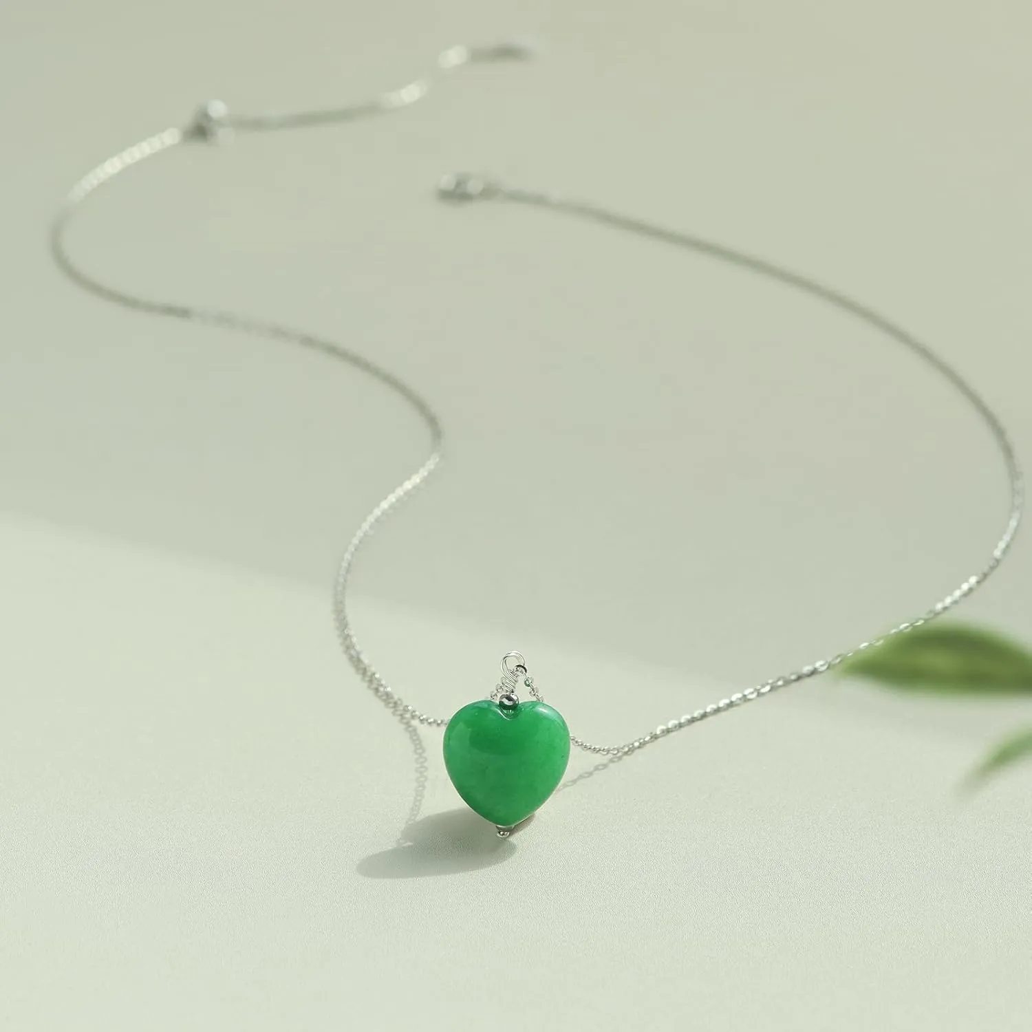 DAUMIER Green Jade Pendant Heart Necklace for Women Girls Lucky Jewelry Silver