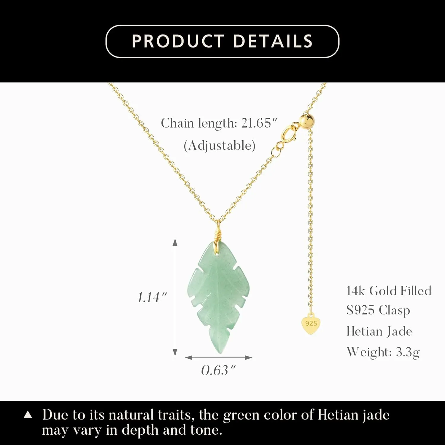 DAUMIER Green Jade Pendant Leaf Drop Necklace for Women Girls Lucky Jewelry Gold