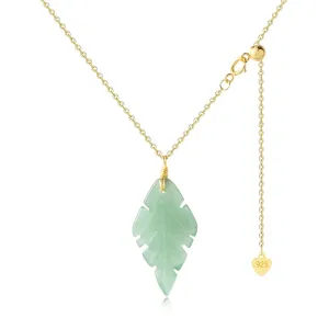 DAUMIER Green Jade Pendant Leaf Drop Necklace for Women Girls Lucky Jewelry Gold