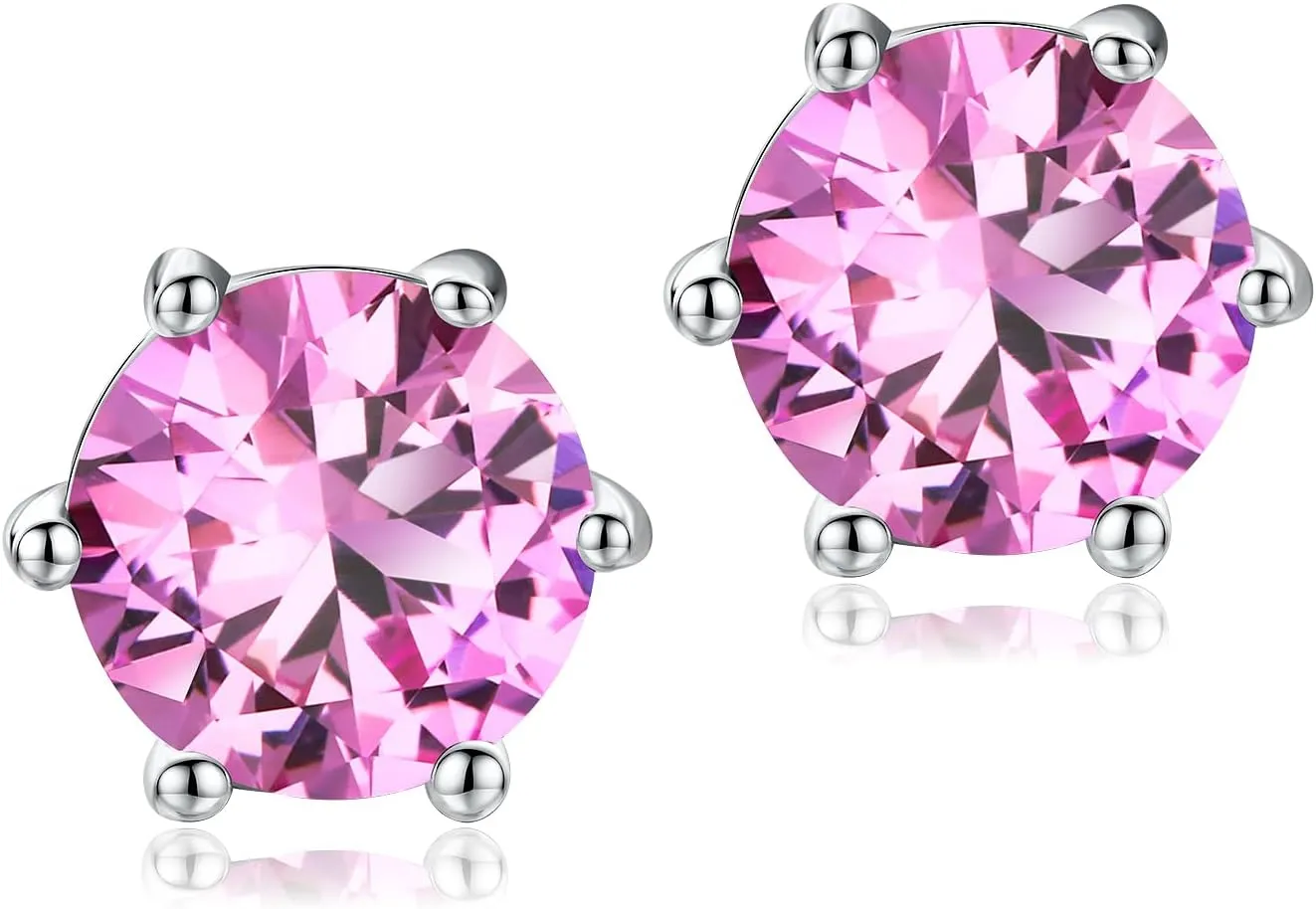 DAYBYDAY 925 Sterling Silver Birthstone Earrings for Women, Crystal Stud Earrings, 6.5mm Round Cut Solitaire Gemstone Earrings Birthday Jewelry