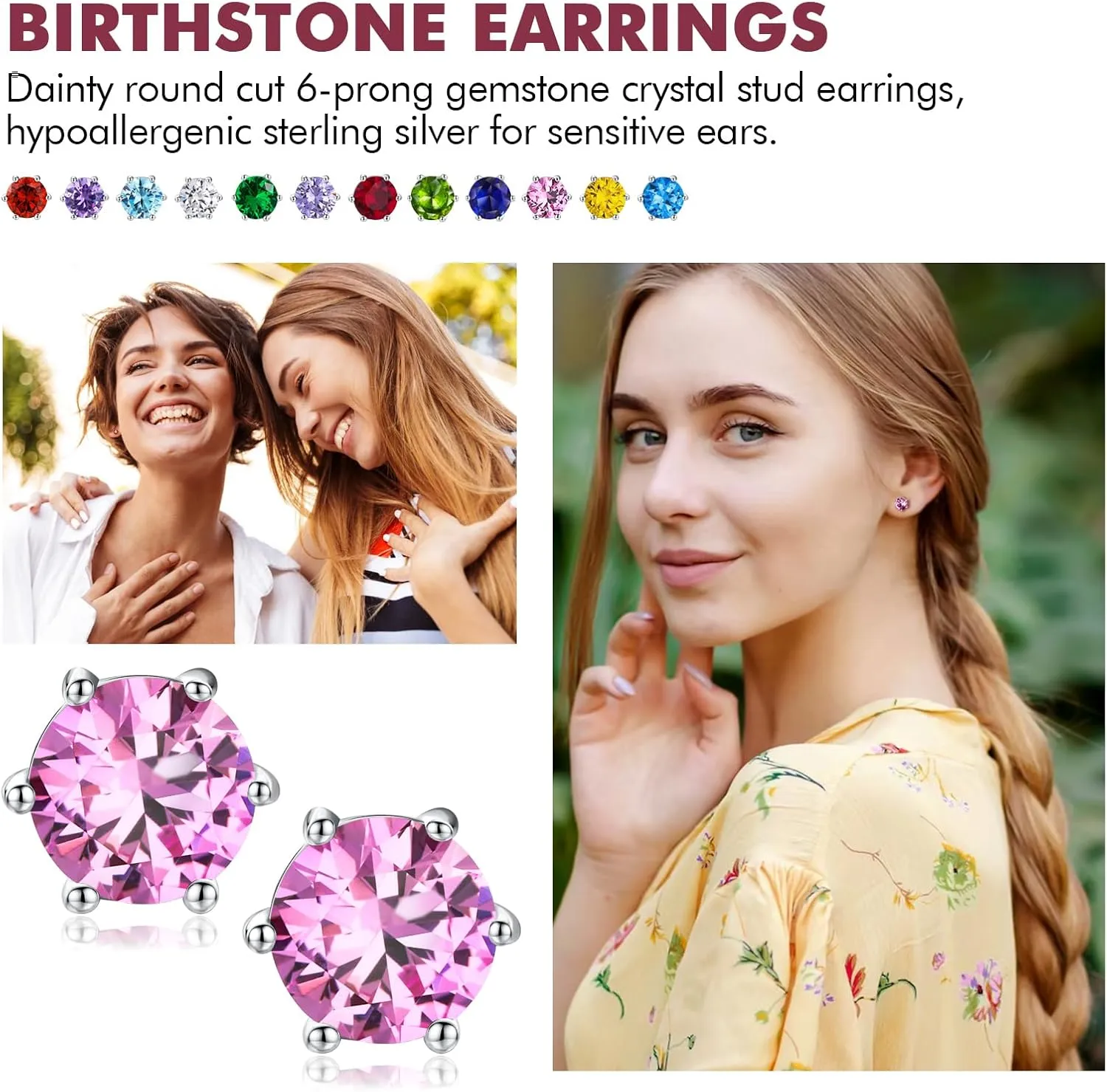 DAYBYDAY 925 Sterling Silver Birthstone Earrings for Women, Crystal Stud Earrings, 6.5mm Round Cut Solitaire Gemstone Earrings Birthday Jewelry