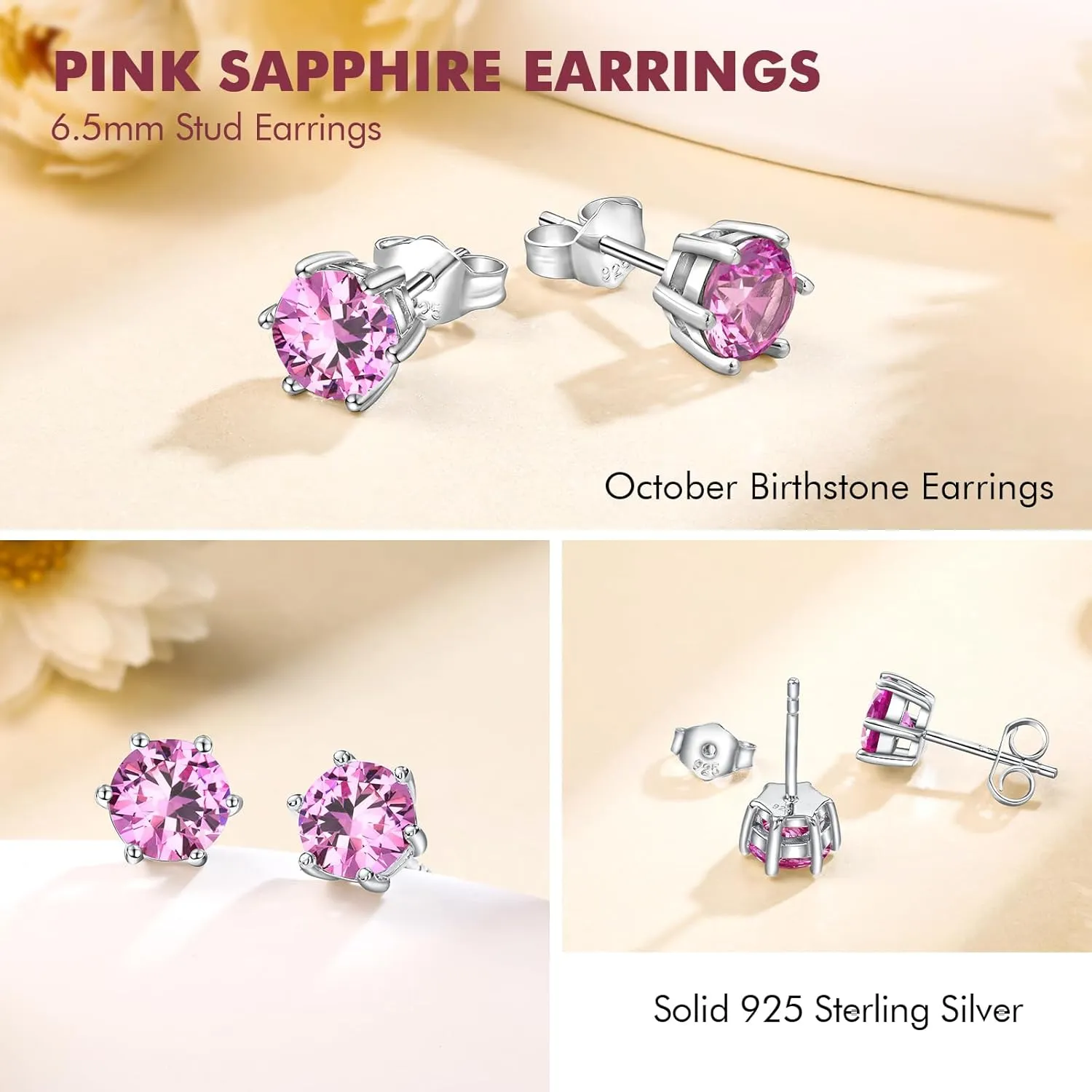 DAYBYDAY 925 Sterling Silver Birthstone Earrings for Women, Crystal Stud Earrings, 6.5mm Round Cut Solitaire Gemstone Earrings Birthday Jewelry