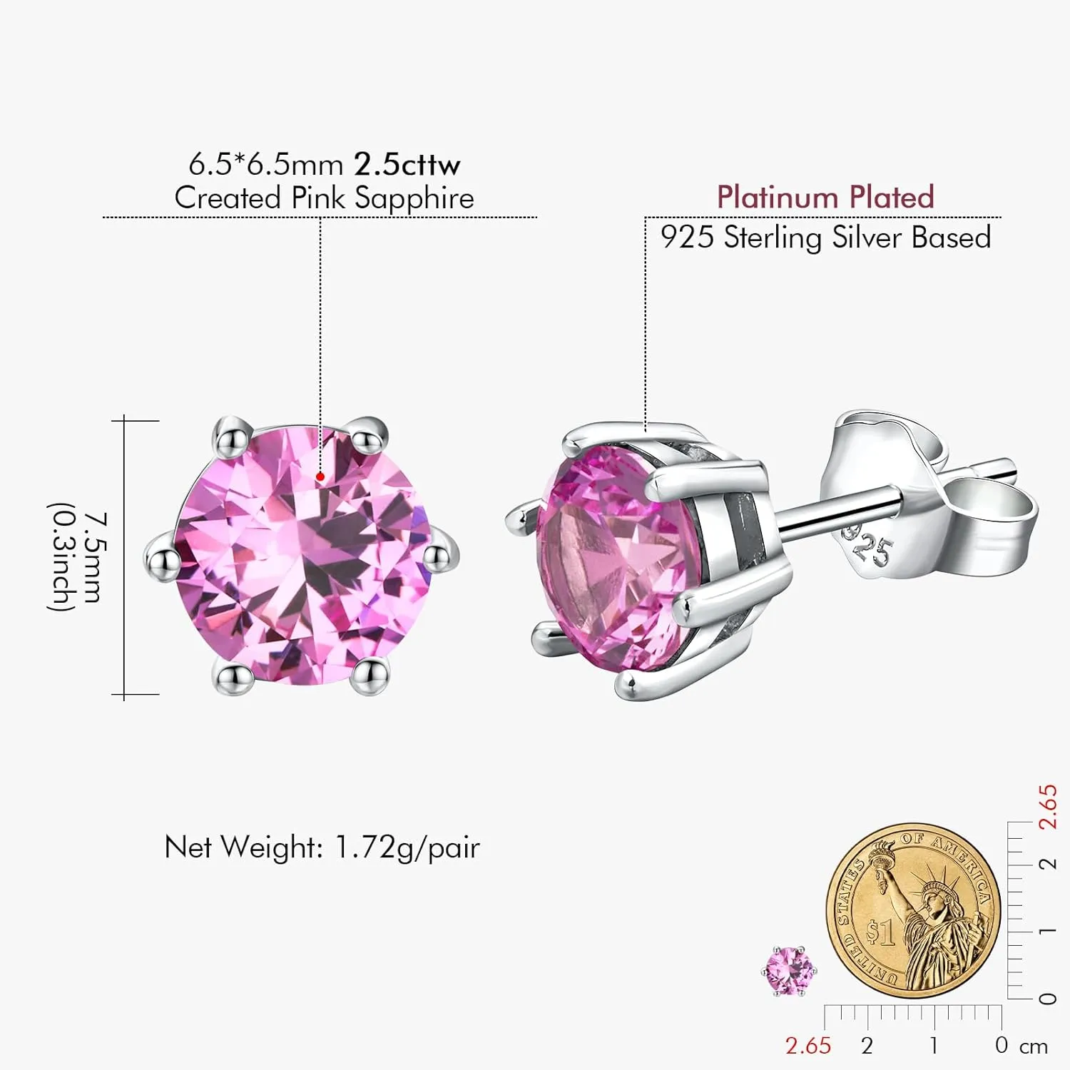DAYBYDAY 925 Sterling Silver Birthstone Earrings for Women, Crystal Stud Earrings, 6.5mm Round Cut Solitaire Gemstone Earrings Birthday Jewelry