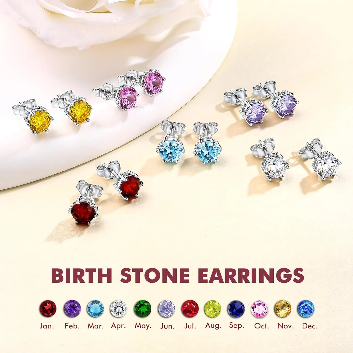 DAYBYDAY 925 Sterling Silver Birthstone Earrings for Women, Crystal Stud Earrings, 6.5mm Round Cut Solitaire Gemstone Earrings Birthday Jewelry