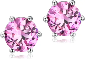 DAYBYDAY 925 Sterling Silver Birthstone Earrings for Women, Crystal Stud Earrings, 6.5mm Round Cut Solitaire Gemstone Earrings Birthday Jewelry