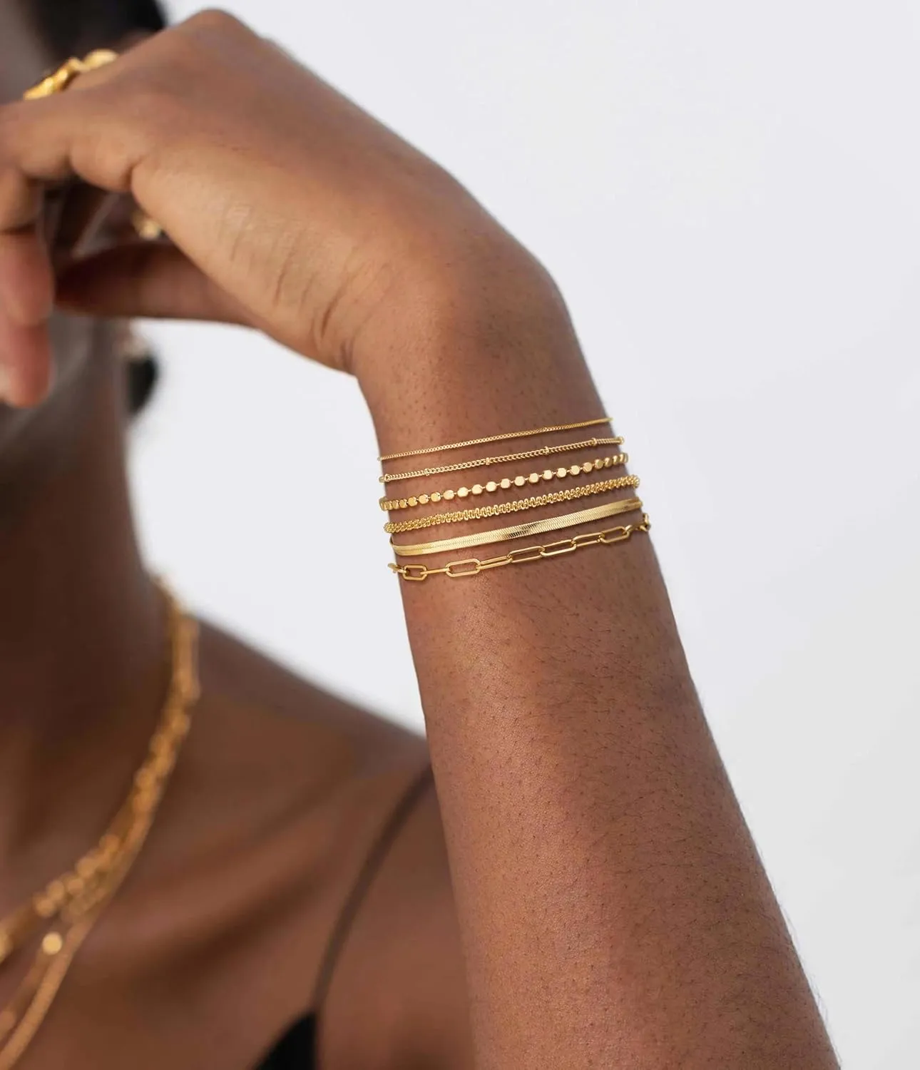 DEARMAY Waterproof Gold Bracelets Set for Women Trendy, Dainty 14K Real Gold Plated Jewelry Fashion Stackable Tennis Beaded Figaro Herringbone Paperclip Link Bracelet Pack Stack Gifts for Women