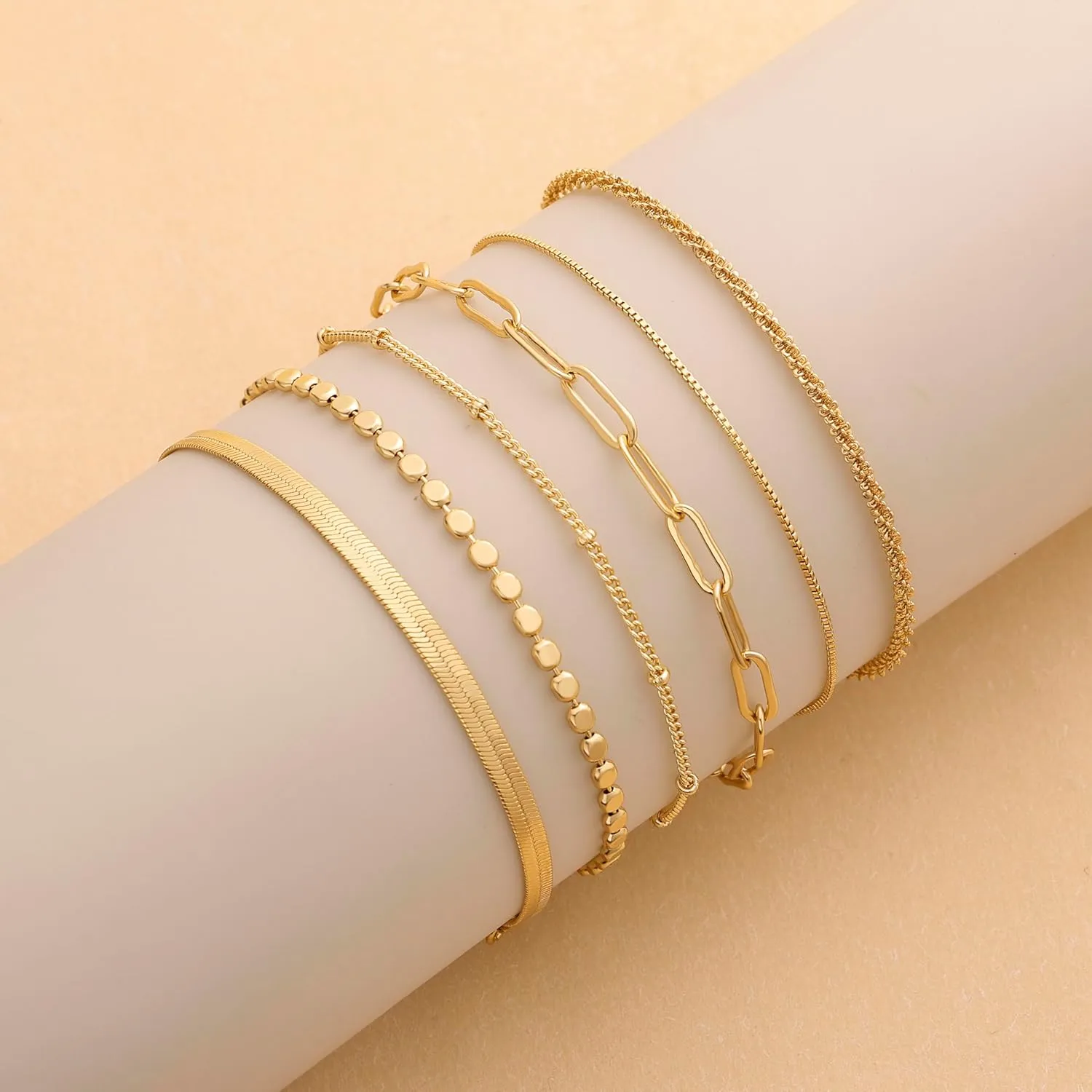 DEARMAY Waterproof Gold Bracelets Set for Women Trendy, Dainty 14K Real Gold Plated Jewelry Fashion Stackable Tennis Beaded Figaro Herringbone Paperclip Link Bracelet Pack Stack Gifts for Women