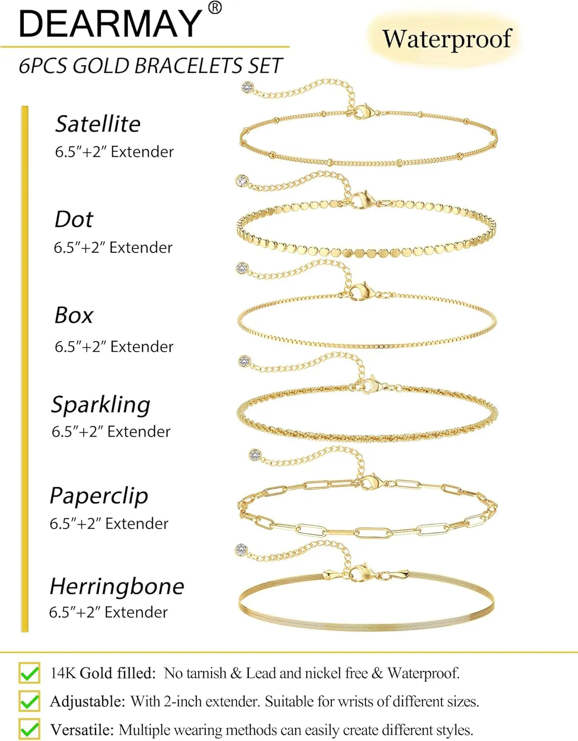 DEARMAY Waterproof Gold Bracelets Set for Women Trendy, Dainty 14K Real Gold Plated Jewelry Fashion Stackable Tennis Beaded Figaro Herringbone Paperclip Link Bracelet Pack Stack Gifts for Women