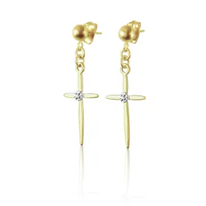 Diamond Cross Earrings for Men/Women, 14K Gold Cross Earrings for Women with Diamonds, Solid Gold Ball Post Stud Drop Dangle Earrings, Real Diamond Earrings (14K Yellow Gold, Pair / 2 earrings)