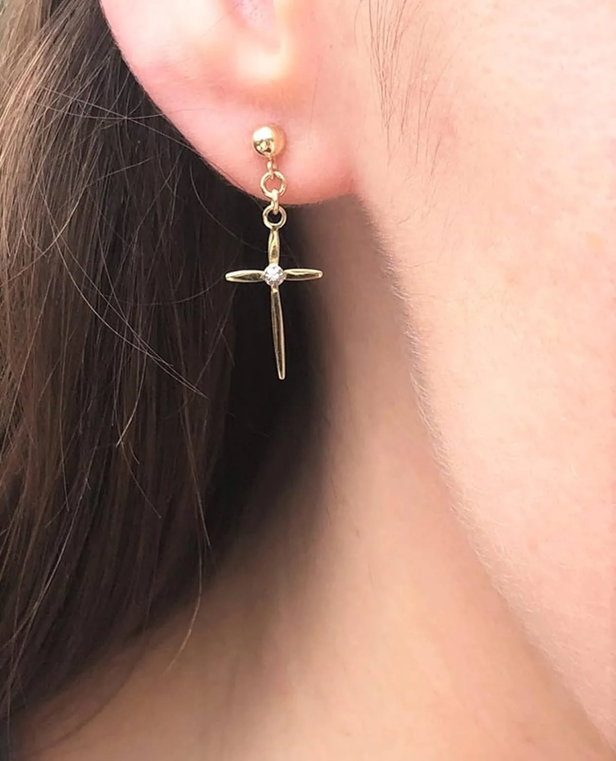Diamond Cross Earrings for Men/Women, 14K Gold Cross Earrings for Women with Diamonds, Solid Gold Ball Post Stud Drop Dangle Earrings, Real Diamond Earrings (14K Yellow Gold, Pair / 2 earrings)
