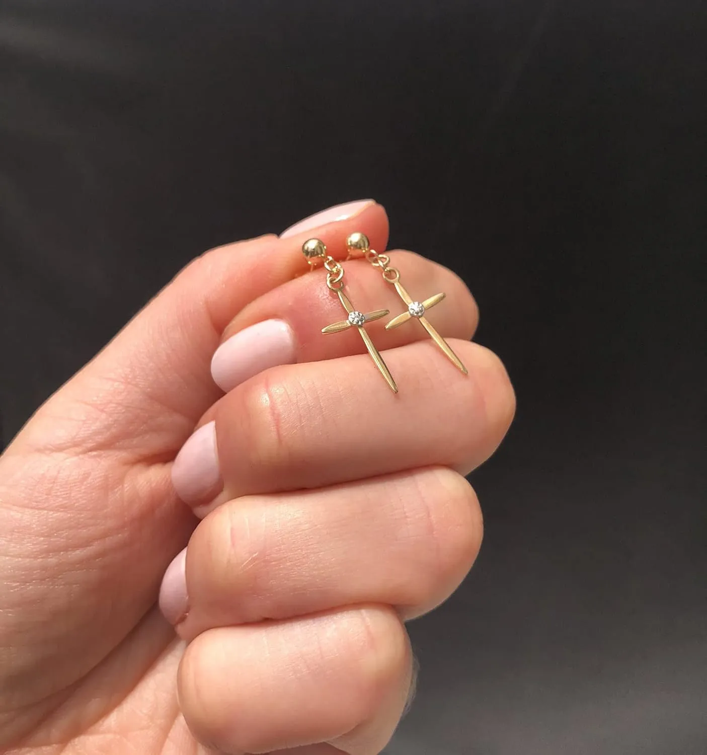 Diamond Cross Earrings for Men/Women, 14K Gold Cross Earrings for Women with Diamonds, Solid Gold Ball Post Stud Drop Dangle Earrings, Real Diamond Earrings (14K Yellow Gold, Pair / 2 earrings)