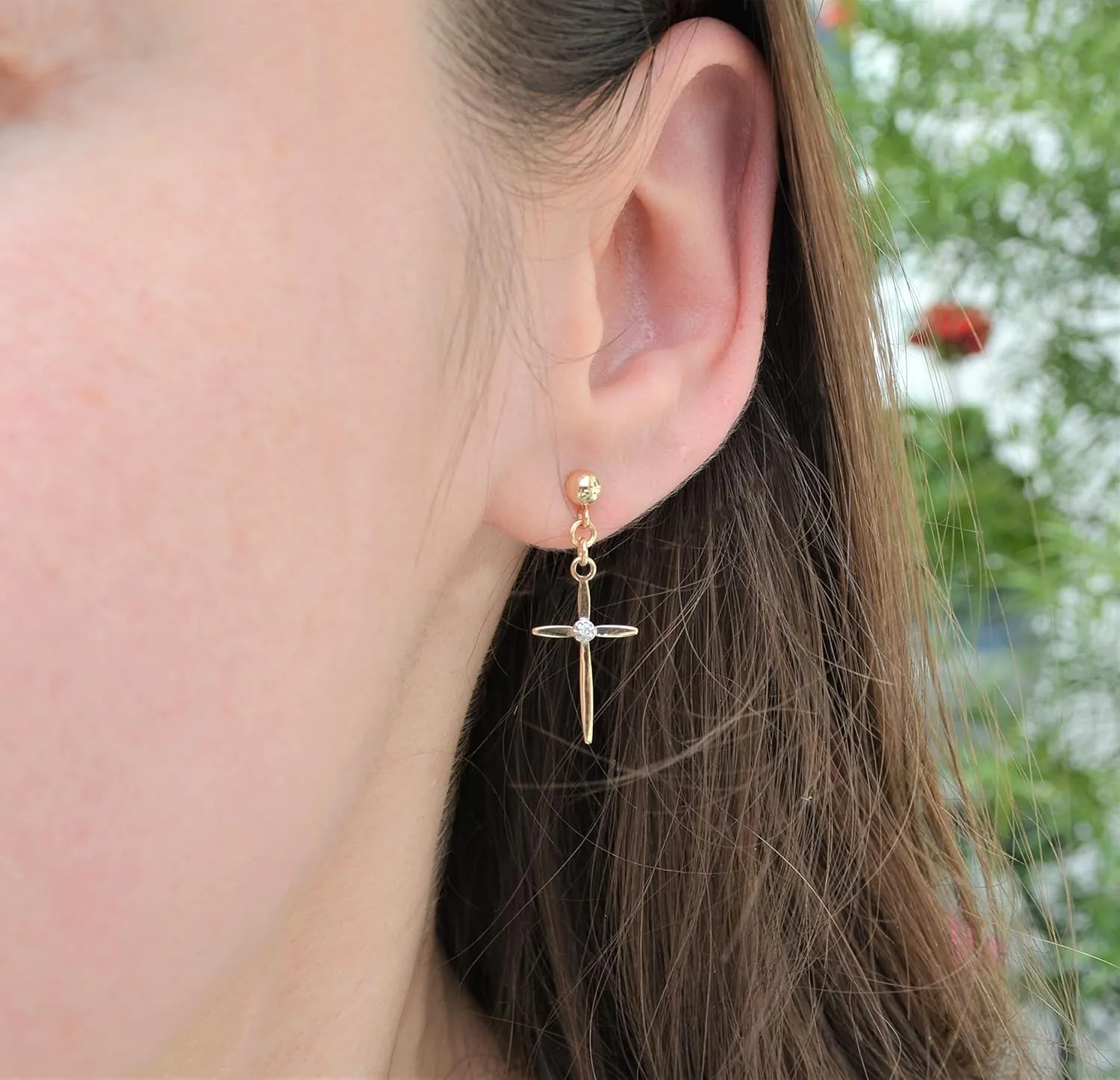Diamond Cross Earrings for Men/Women, 14K Gold Cross Earrings for Women with Diamonds, Solid Gold Ball Post Stud Drop Dangle Earrings, Real Diamond Earrings (14K Yellow Gold, Pair / 2 earrings)