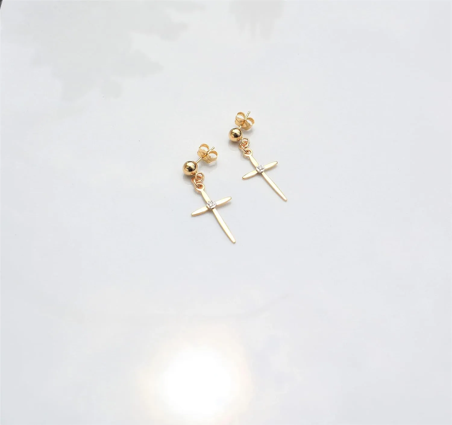 Diamond Cross Earrings for Men/Women, 14K Gold Cross Earrings for Women with Diamonds, Solid Gold Ball Post Stud Drop Dangle Earrings, Real Diamond Earrings (14K Yellow Gold, Pair / 2 earrings)