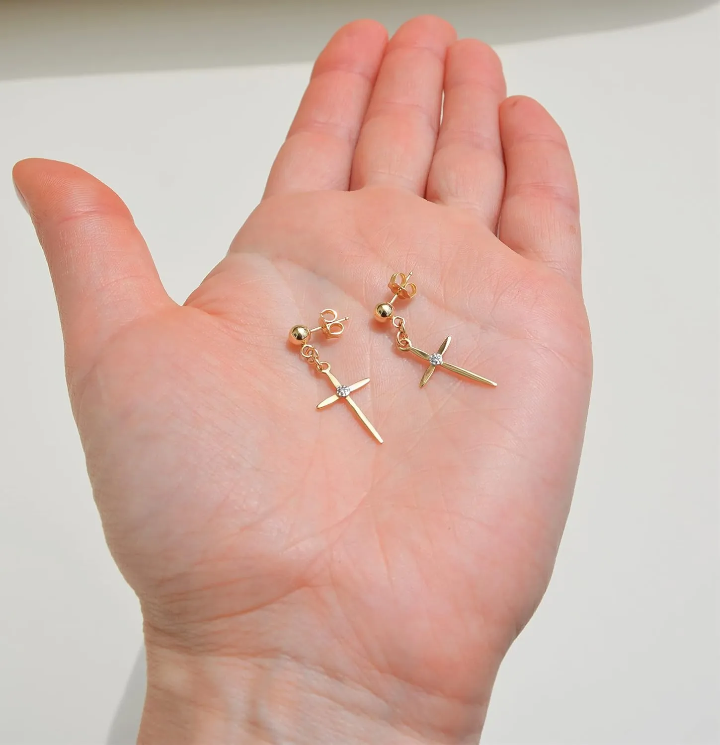 Diamond Cross Earrings for Men/Women, 14K Gold Cross Earrings for Women with Diamonds, Solid Gold Ball Post Stud Drop Dangle Earrings, Real Diamond Earrings (14K Yellow Gold, Pair / 2 earrings)