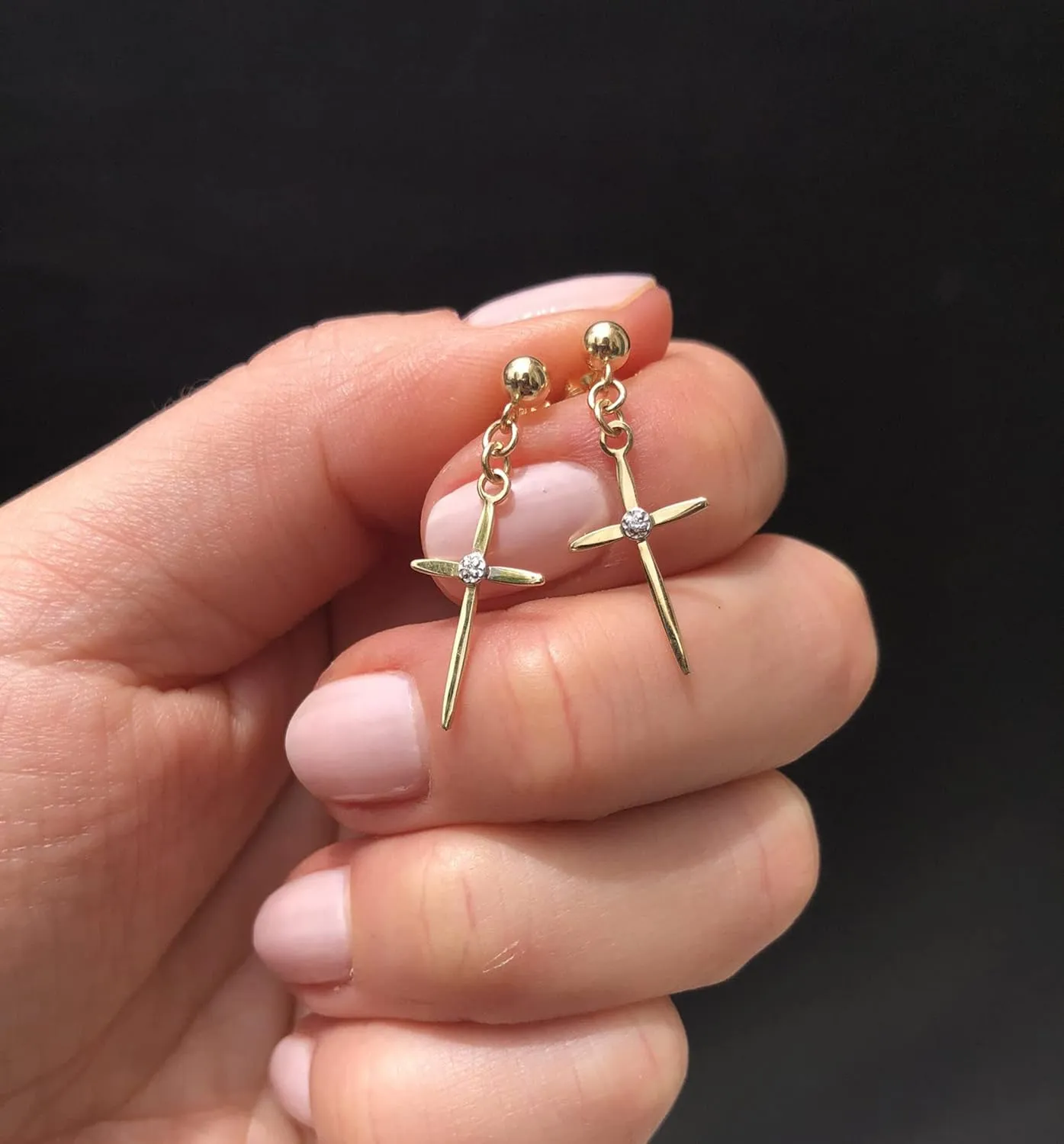 Diamond Cross Earrings for Men/Women, 14K Gold Cross Earrings for Women with Diamonds, Solid Gold Ball Post Stud Drop Dangle Earrings, Real Diamond Earrings (14K Yellow Gold, Pair / 2 earrings)