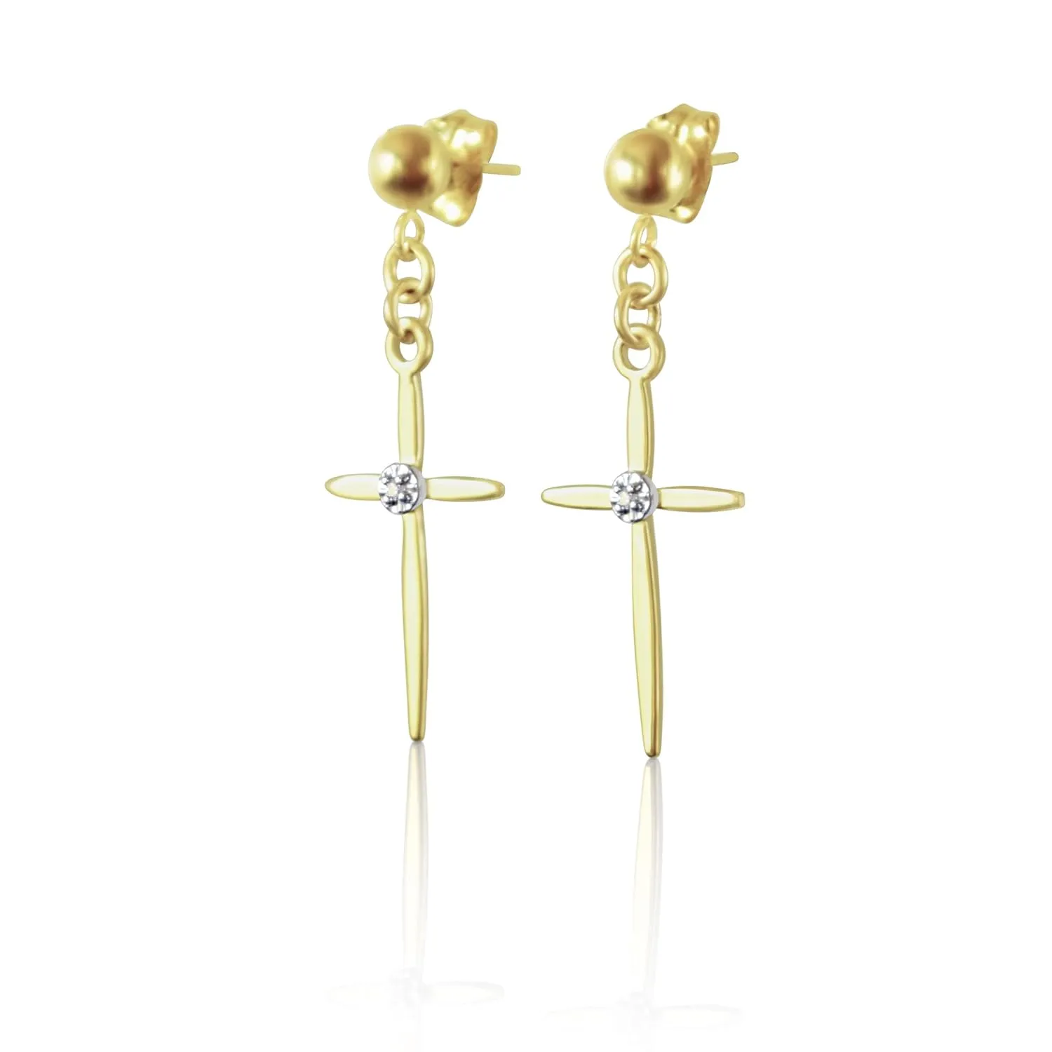 Diamond Cross Earrings for Men/Women, 14K Gold Cross Earrings for Women with Diamonds, Solid Gold Ball Post Stud Drop Dangle Earrings, Real Diamond Earrings (14K Yellow Gold, Pair / 2 earrings)