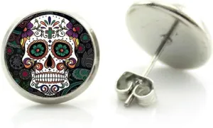 DianaL Boutique Silver Tone Glass Cabochon Gothic Skull Earrings Stud Post Art Picture Jewelry
