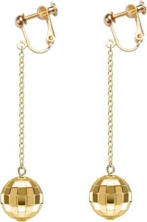 Disco Ball Earrings for Women Clip on Non Pierced, Pink Gold Silver Mirror Bead 60s 70s Bachelorette Dangling Drop Christmas Costume Outfit Accessories Jewelry