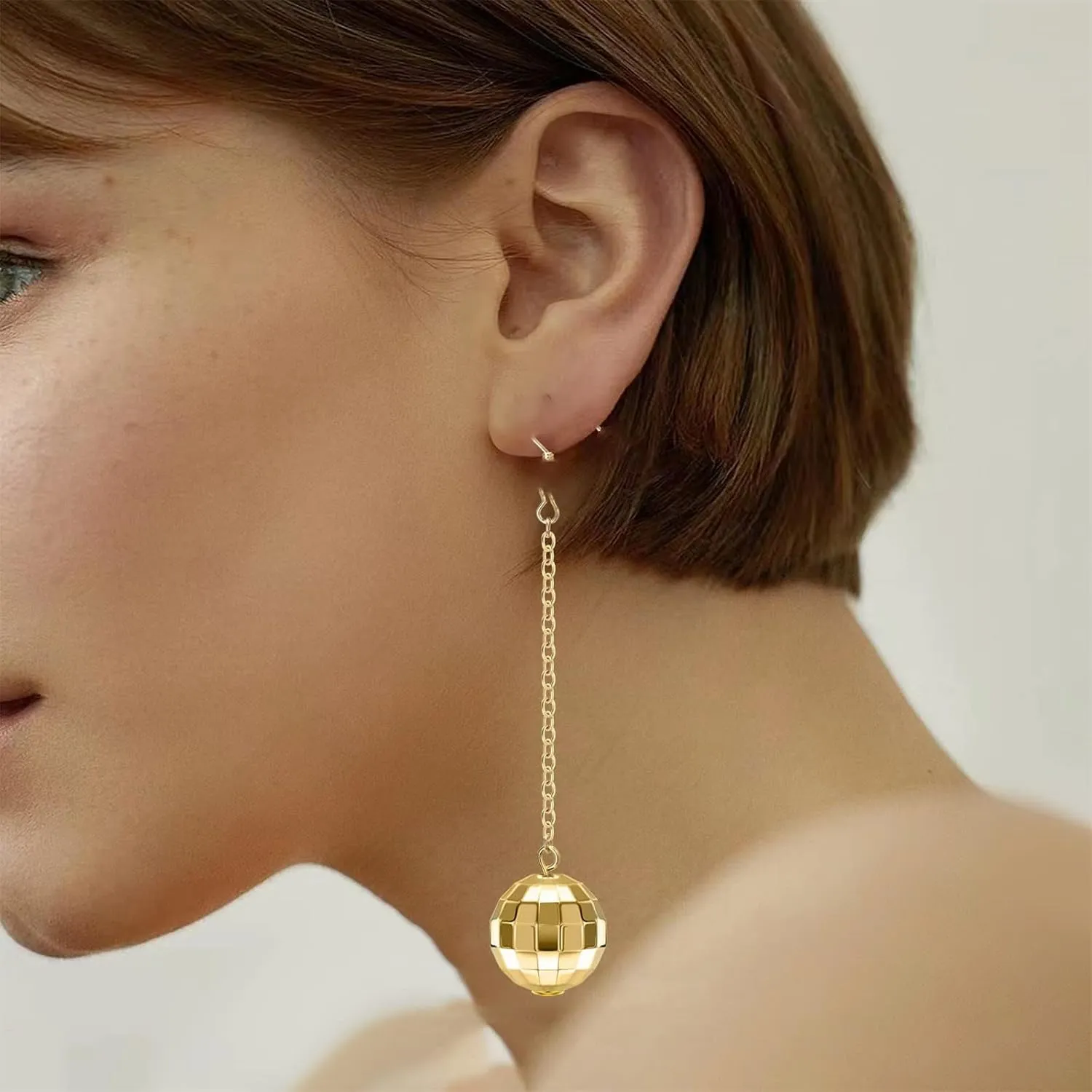 Disco Ball Earrings for Women Clip on Non Pierced, Pink Gold Silver Mirror Bead 60s 70s Bachelorette Dangling Drop Christmas Costume Outfit Accessories Jewelry