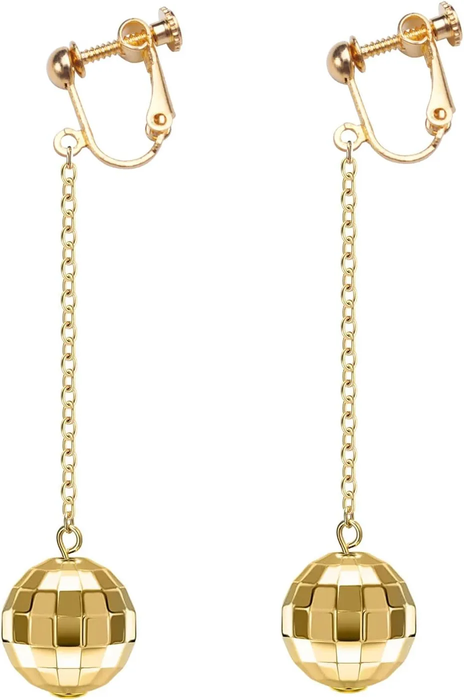 Disco Ball Earrings for Women Clip on Non Pierced, Pink Gold Silver Mirror Bead 60s 70s Bachelorette Dangling Drop Christmas Costume Outfit Accessories Jewelry