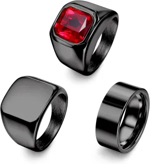 Dochais 3PCS Mens Rings Signet Rings for Men Stainless Steel Biker Ring Square Agate Onyx Rings Men's Ring for Men Solid Polished Retro Band Rings Set Size 7-13