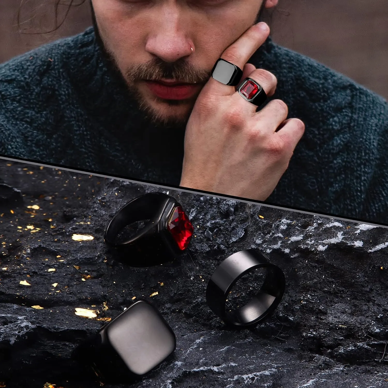 Dochais 3PCS Mens Rings Signet Rings for Men Stainless Steel Biker Ring Square Agate Onyx Rings Men's Ring for Men Solid Polished Retro Band Rings Set Size 7-13
