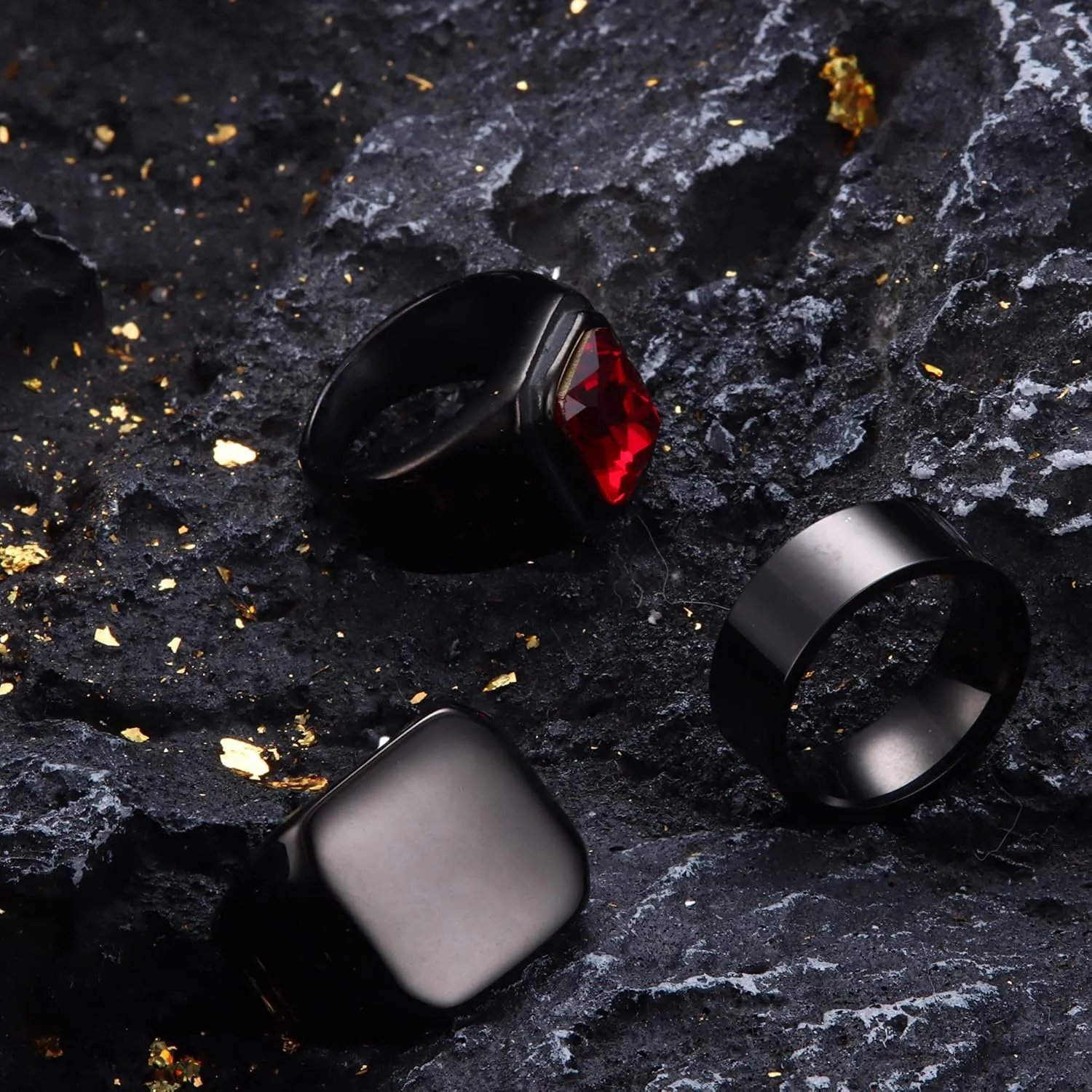 Dochais 3PCS Mens Rings Signet Rings for Men Stainless Steel Biker Ring Square Agate Onyx Rings Men's Ring for Men Solid Polished Retro Band Rings Set Size 7-13
