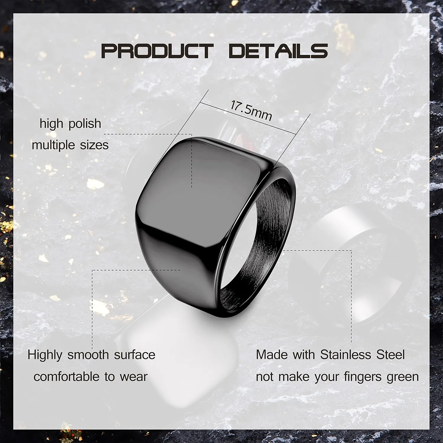 Dochais 3PCS Mens Rings Signet Rings for Men Stainless Steel Biker Ring Square Agate Onyx Rings Men's Ring for Men Solid Polished Retro Band Rings Set Size 7-13