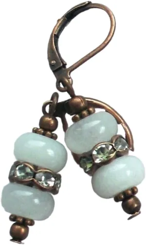 Double Jade Roundels Hand And Metal White Crystal Copper Artisan Earrings Jewelry Handmade Dangle Leverback Vintage Crafted For Women