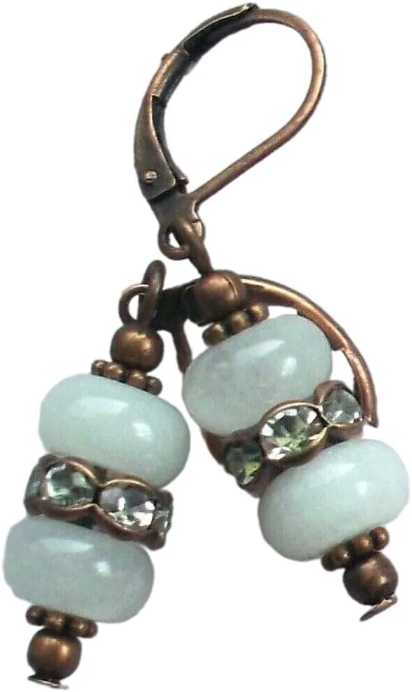 Double Jade Roundels Hand And Metal White Crystal Copper Artisan Earrings Jewelry Handmade Dangle Leverback Vintage Crafted For Women