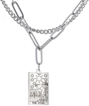 Double Layer Vintage Mini Tarot Card Pendant Necklaces Delicate Retro Stainless Steel Tarot Amulet Pendants Laser Engraved Astrology Magic Good Luck Chain Necklaces for Women Mens Jewelry Gift(STAR)