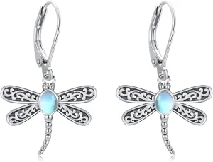 Dragonfly Earrings 925 Sterling Silver Moonstone Dragonfly Leverback Earrings Dragonfly Dangle Drop Earrings Animal Earrings Dragonfly Jewelry Dragonfly Gifts for Women