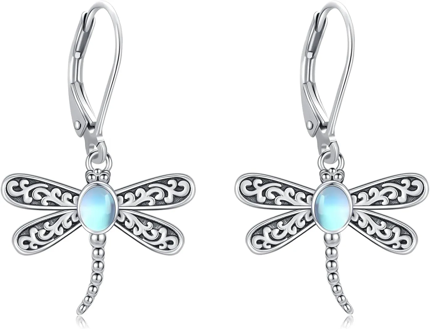 Dragonfly Earrings 925 Sterling Silver Moonstone Dragonfly Leverback Earrings Dragonfly Dangle Drop Earrings Animal Earrings Dragonfly Jewelry Dragonfly Gifts for Women