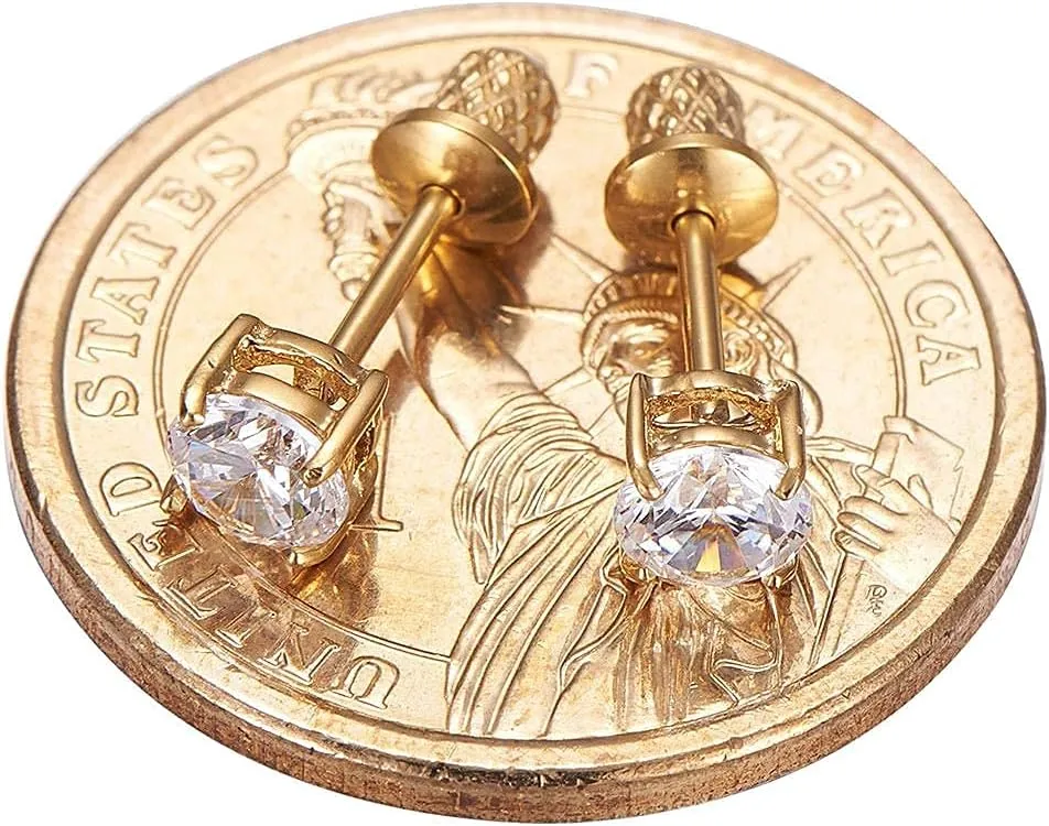 Earrings for Girls, 18k Yellow Gold Plated CZ Hypoallergenic Stud Earrings - Screw On Safety Backs, Stainless Steel Posts for Kids, Toddlers, Teens