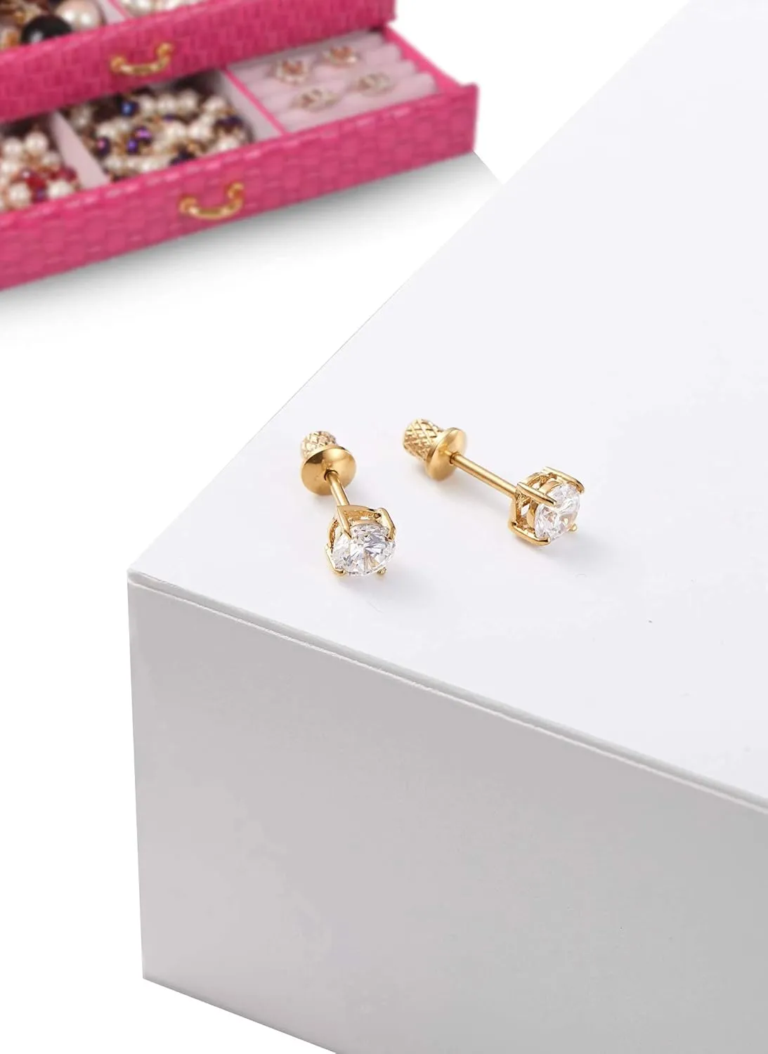 Earrings for Girls, 18k Yellow Gold Plated CZ Hypoallergenic Stud Earrings - Screw On Safety Backs, Stainless Steel Posts for Kids, Toddlers, Teens