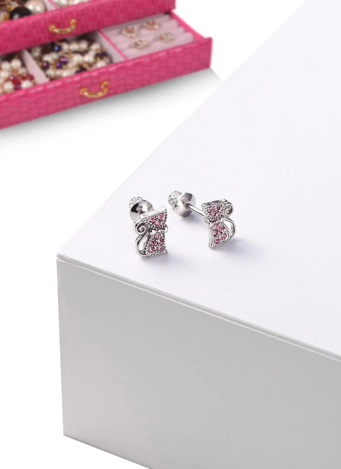 Earrings For Girls, Multicolored Kitty Cat Hypoallergenic Earrings for Girls, Stud Screw On Safety Backs, Stainless Steel Ultra Sensitive Ears Post For Kids, Toddlers, Little Girls, Teens