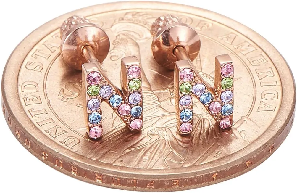 Earrings For Girls,18k Gold Plated Multicolored Alphabet Letter Initial Hypoallergenic Earrings, Stud Screw On Safety Backs, Stainless Steel Ultra Sensitive Ears Post For Kids, Little Girls, Teens