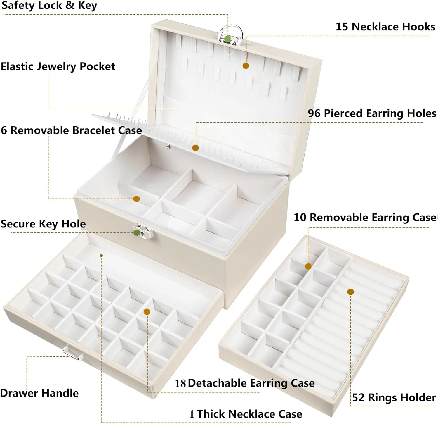 Earrings Jewelry Box for Girls, 5 Layers Jewelry Organizer with Earring Holder Organizer for Girls Earring Organizer Jewelry Boxes for Women Earrings and Necklaces Jewelry Box Organizer Beige