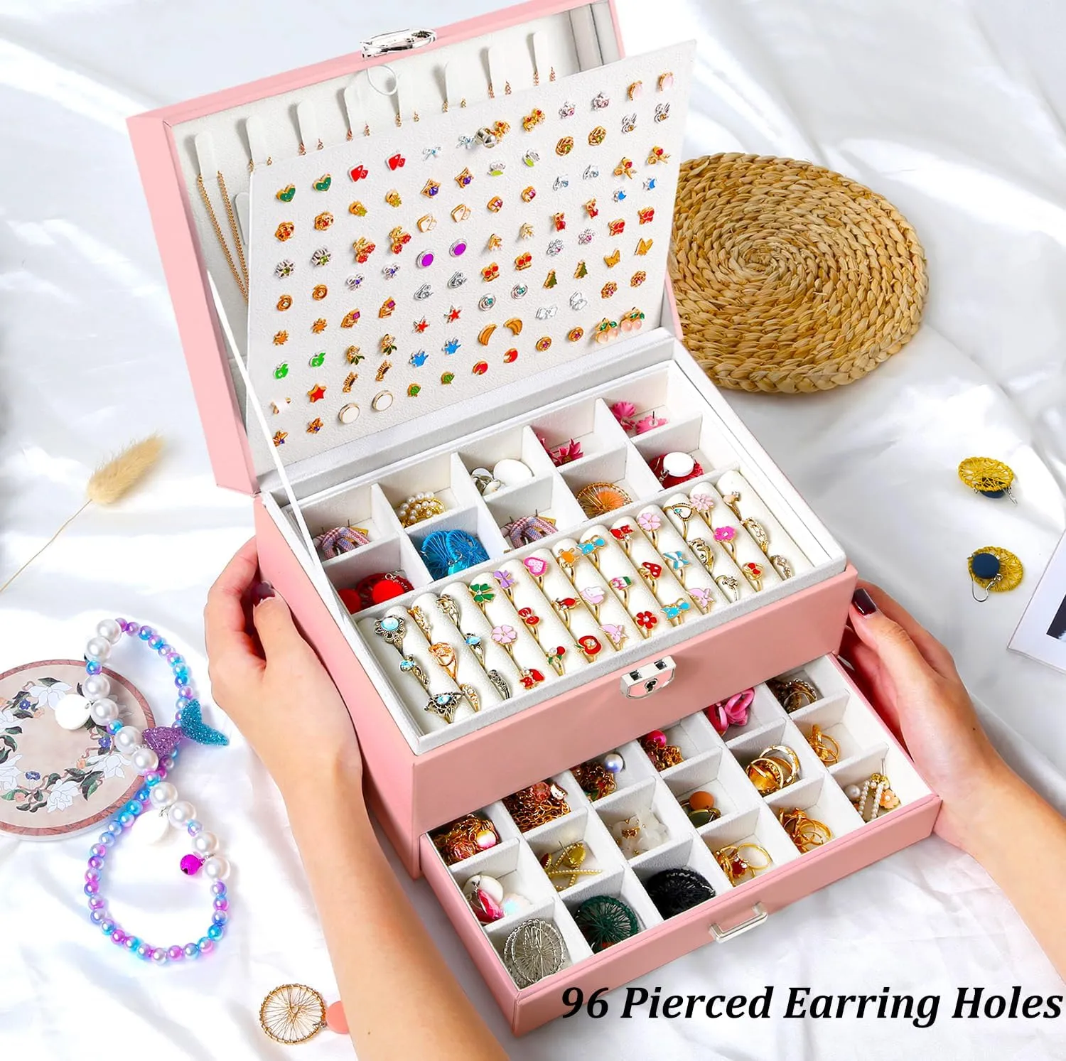 Earrings Jewelry Box for Girls, 5 Layers Jewelry Organizer with Earring Holder Organizer for Girls Earring Organizer Jewelry Boxes for Women Earrings and Necklaces Jewelry Box Organizer Pink
