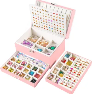 Earrings Jewelry Box for Girls, 5 Layers Jewelry Organizer with Earring Holder Organizer for Girls Earring Organizer Jewelry Boxes for Women Earrings and Necklaces Jewelry Box Organizer Pink
