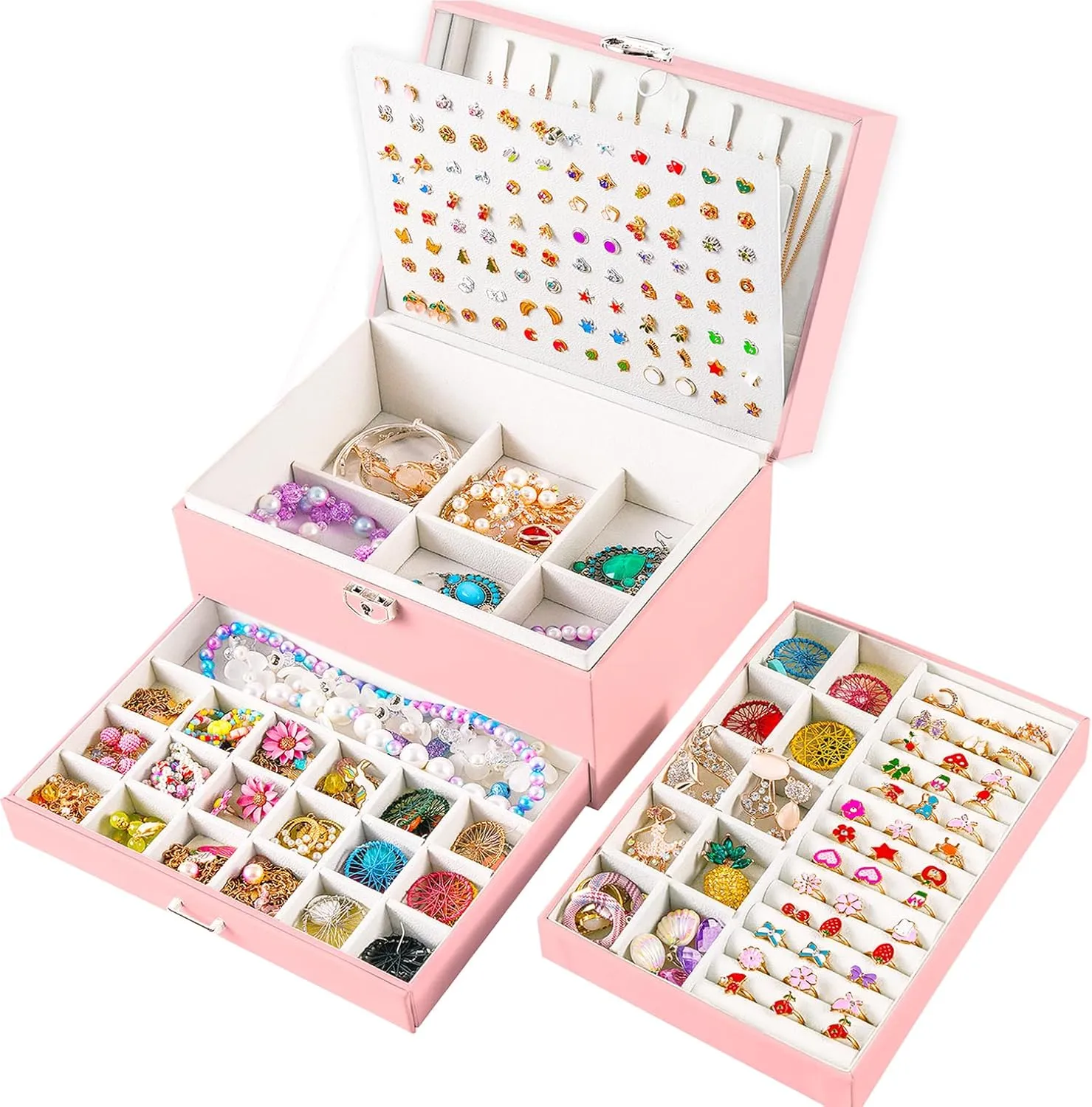 Earrings Jewelry Box for Girls, 5 Layers Jewelry Organizer with Earring Holder Organizer for Girls Earring Organizer Jewelry Boxes for Women Earrings and Necklaces Jewelry Box Organizer Pink