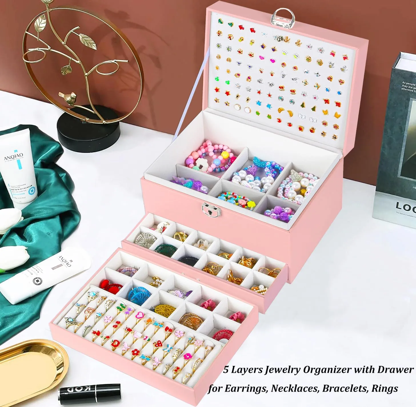 Earrings Jewelry Box for Girls, 5 Layers Jewelry Organizer with Earring Holder Organizer for Girls Earring Organizer Jewelry Boxes for Women Earrings and Necklaces Jewelry Box Organizer Pink