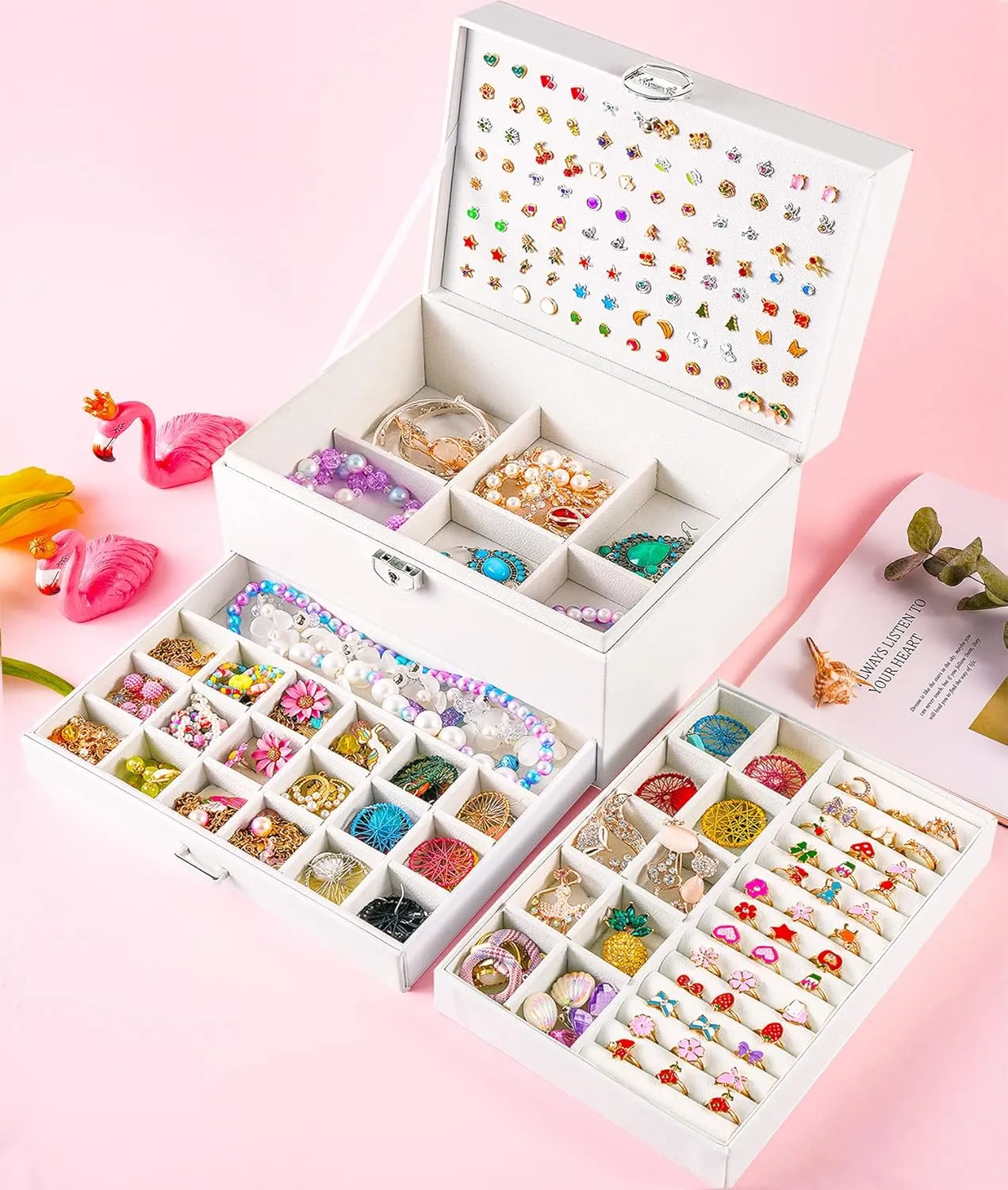Earrings Jewelry Box for Girls, 5 Layers Jewelry Organizer with Earring Holder Organizer for Girls Earring Organizer Jewelry Boxes for Women Earrings and Necklaces Jewelry Box Organizer White